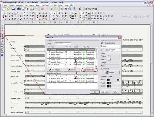 In der Notenansicht von MIDI-Connections Score können verschiedene Auszüge eines Songs verwaltet werden. Jeder Auszug kann eine oder mehrere Spuren (Notensysteme) beinhalten. Meist wird eine Partitur und alle benötigten Einzelauszüge angelegt. Gearbeitet wird in der Partitur, in der Einzelstimme oder im Sequenzer.